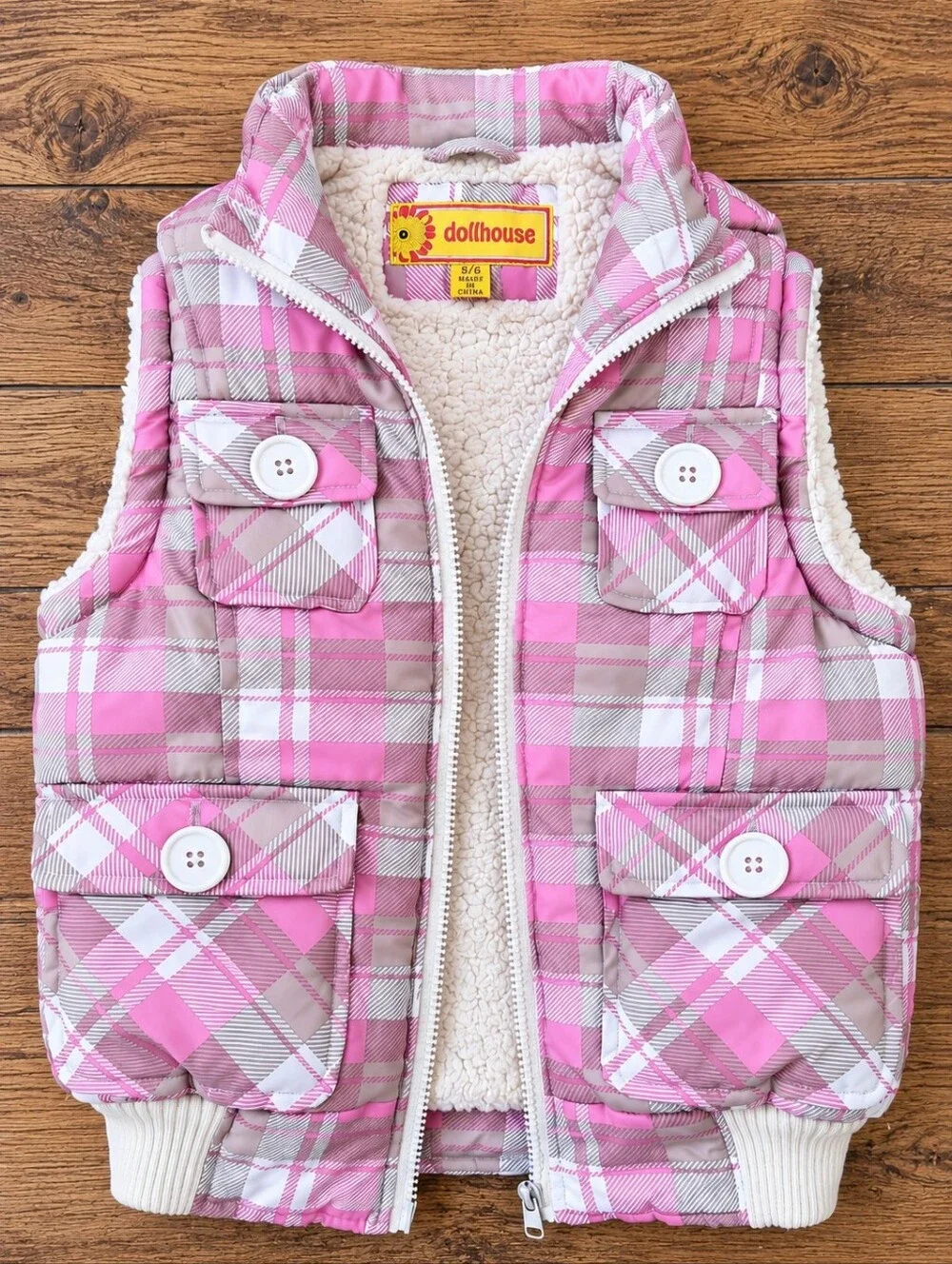 Dollhouse Girls Pink Plaid Sherpa Lined Puffer Vest Size 5/6 -C